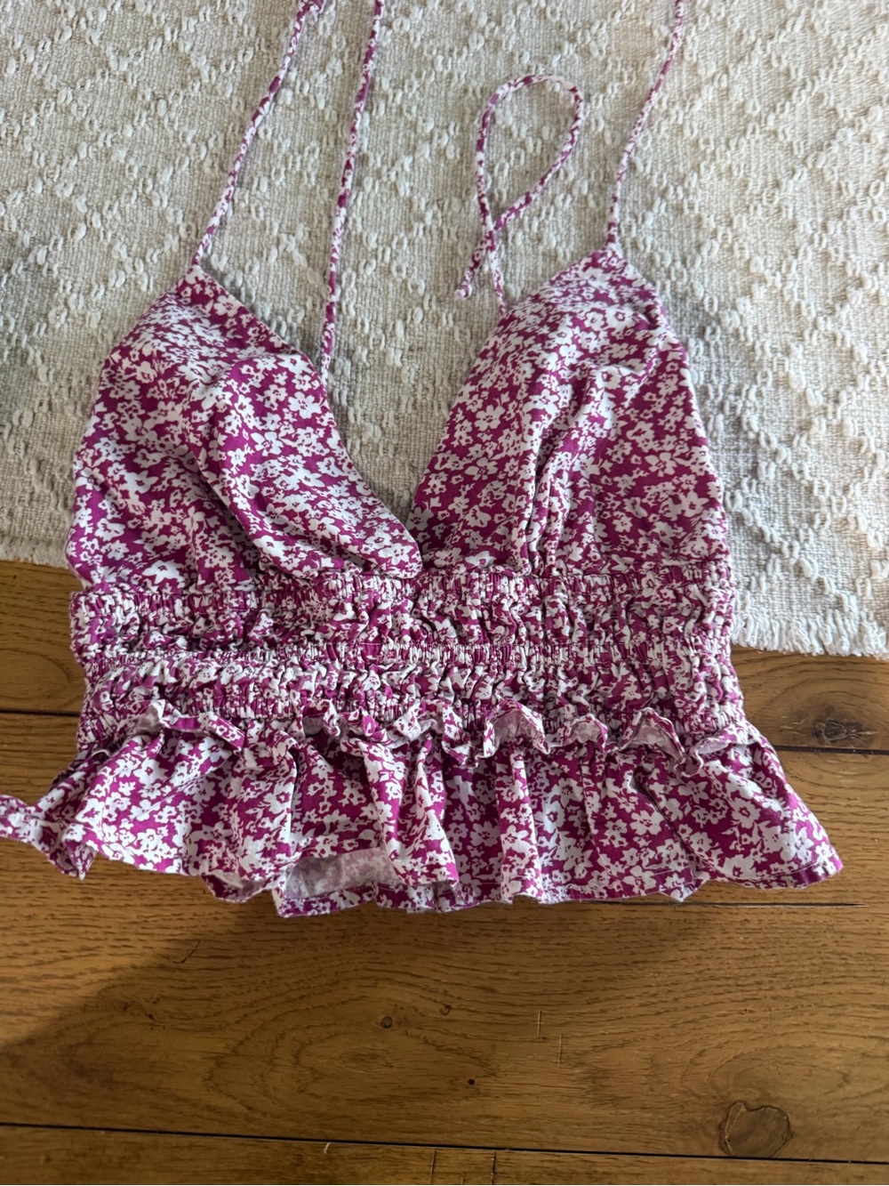 Floral Smocked Crop Top with Ruffle Hem - Pink